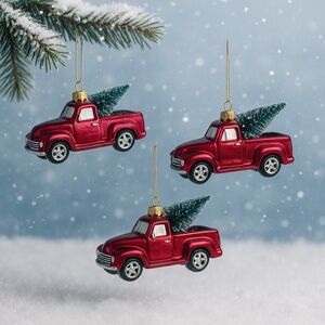 Set of 3 Red Vintage Truck Christmas Ornaments – Holiday Tree Décor